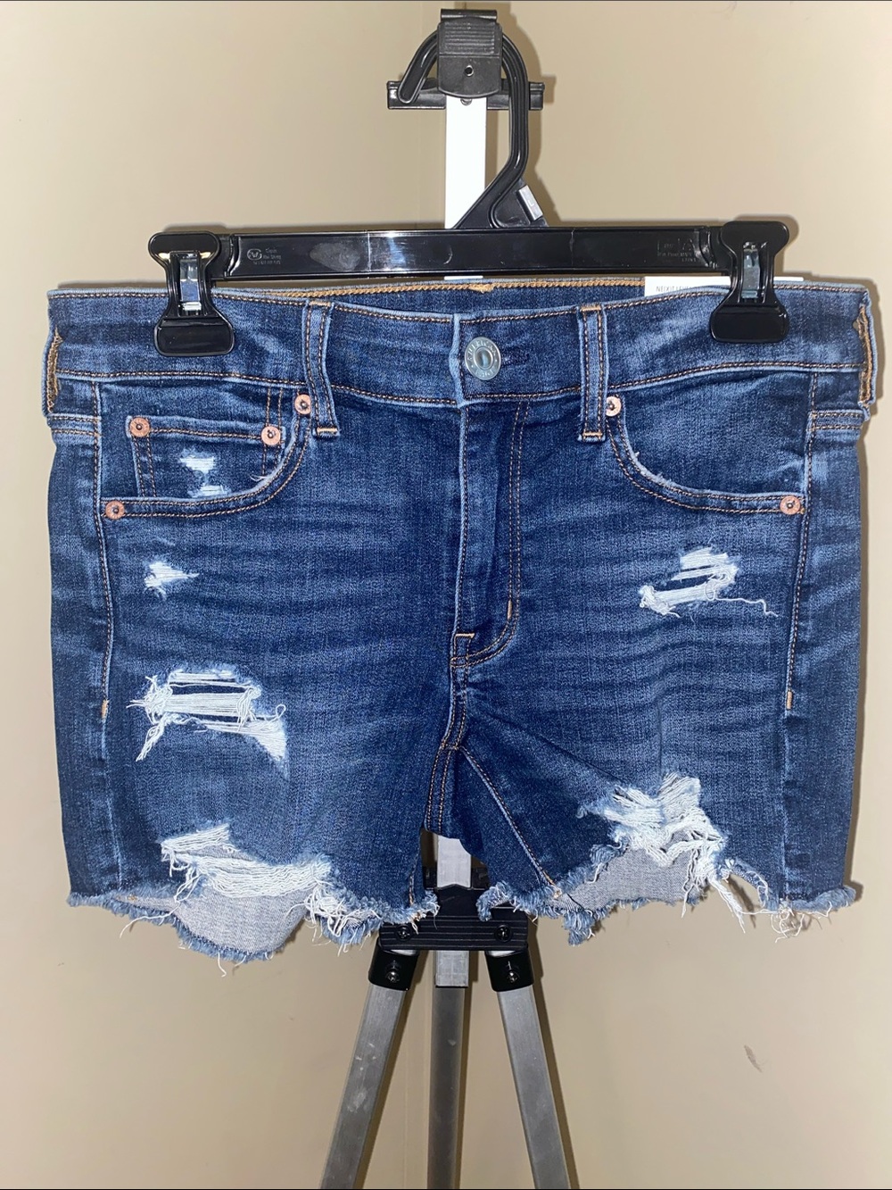 Distressed Midi Low Rise Denim Jean Shorts